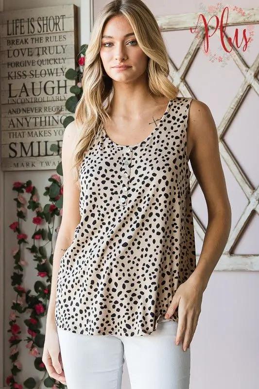 Heimish Full Size Front Button Animal Print Sleeveless Top Plus Size - Love Salve